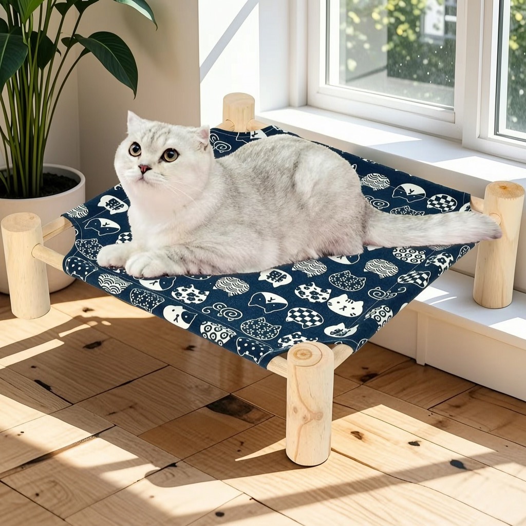 Elevated Cat Bed with Blue Fabric - 2