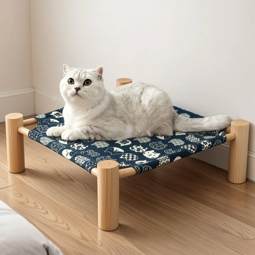 Elevated Cat Bed with Blue Fabric - 3