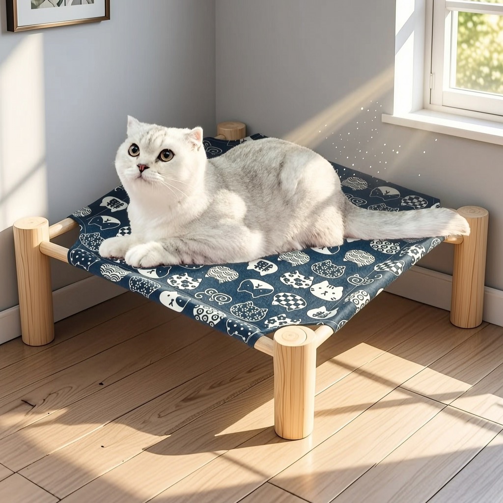 Elevated Cat Bed with Blue Fabric - 4