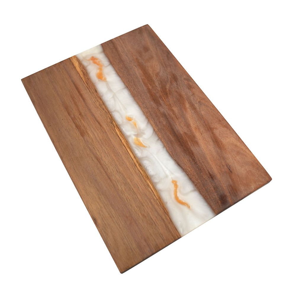 Acacia and Epoxy Resin Board Material Detail Acacia wood board with a white and orange epoxy resin band on a plain background