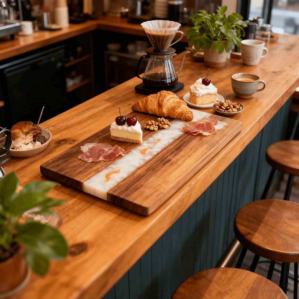 Acacia Resin Charcuterie Board in Cafe Service Acacia and white epoxy resin charcuterie board displaying pastries and appetizers on a cafe counter