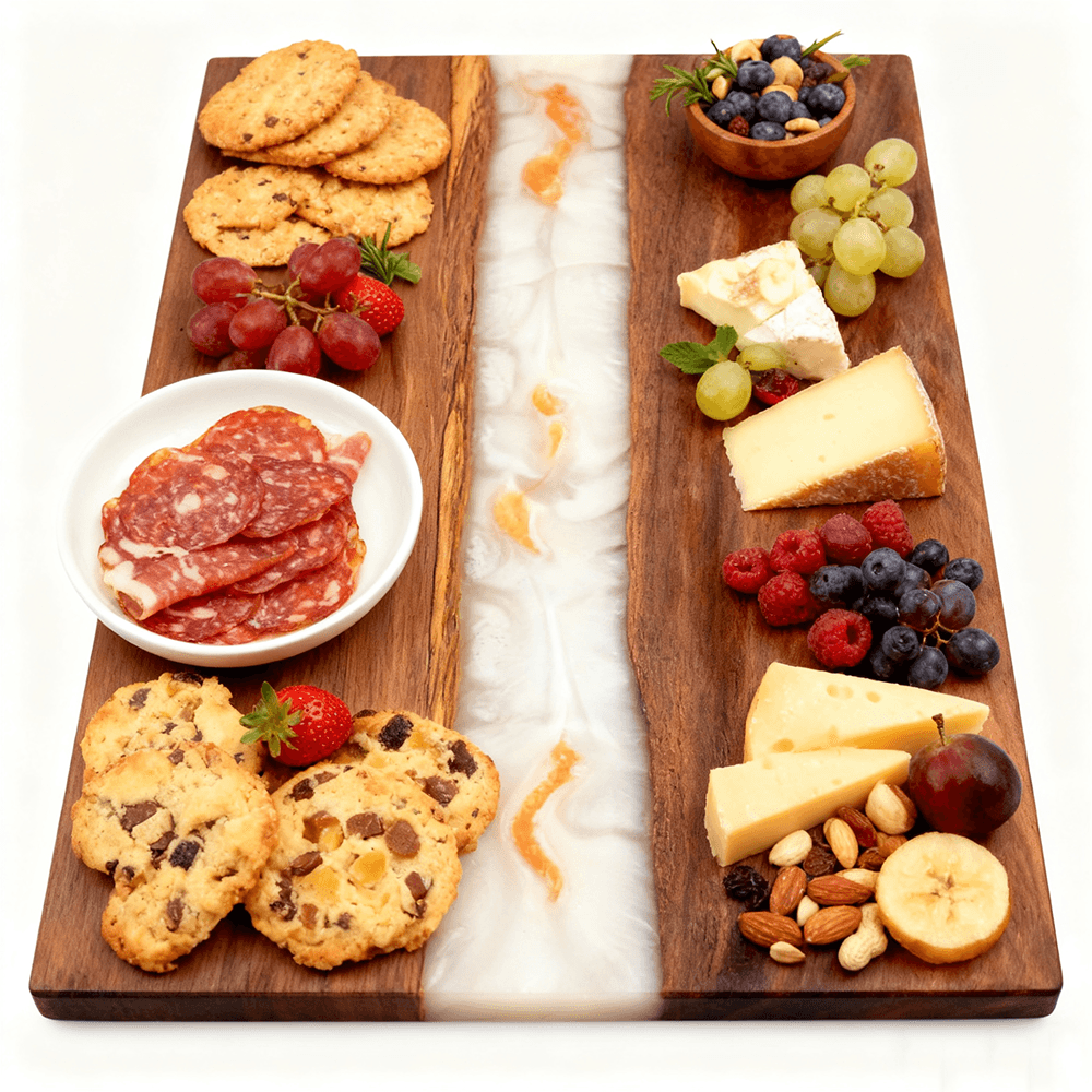 Finished Acacia Resin Serving Board Surface Check Top view of a rectangular acacia and white epoxy resin serving board with cheese fruit and crackers