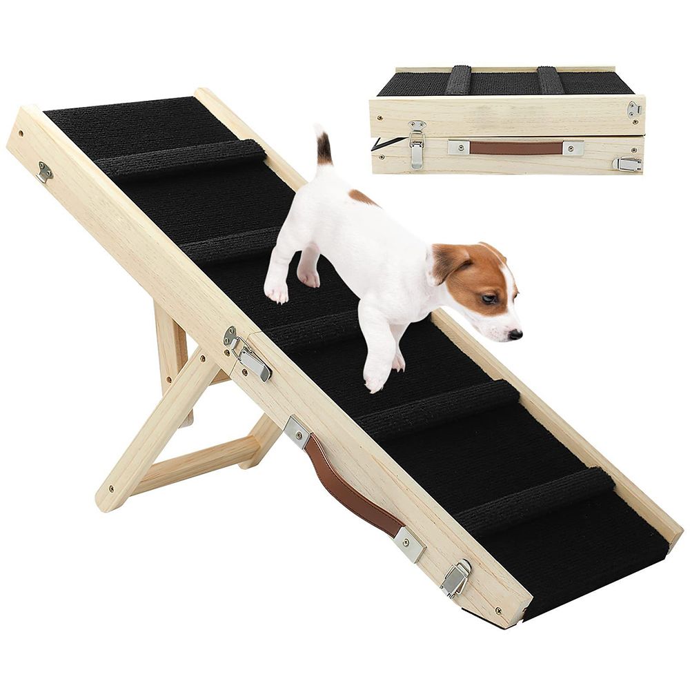 Folding wooden pet ramp with black carpet surface and raised traction cleats