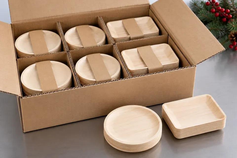 Bulk Carton Packing for Wooden Christmas Plates Divided corrugated master carton holding bundled disposable wooden plates for a Christmas bulk order