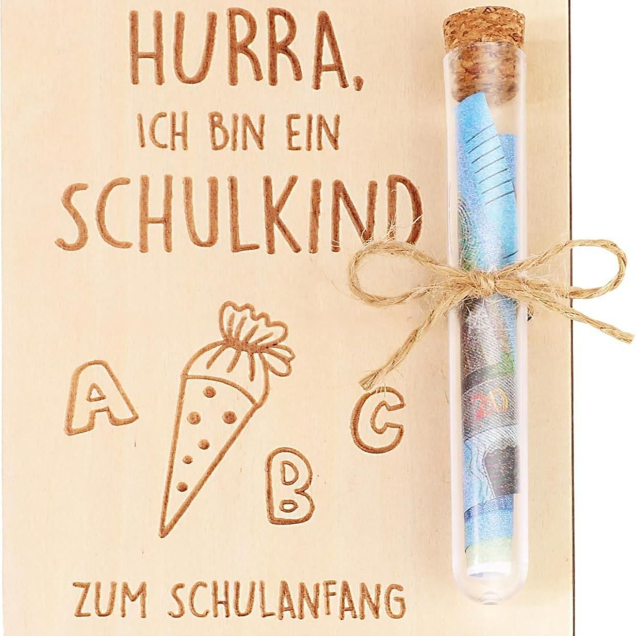 Custom Language Wooden School Money Holder Personalized wooden school money holder with German laser engraving and glass tube