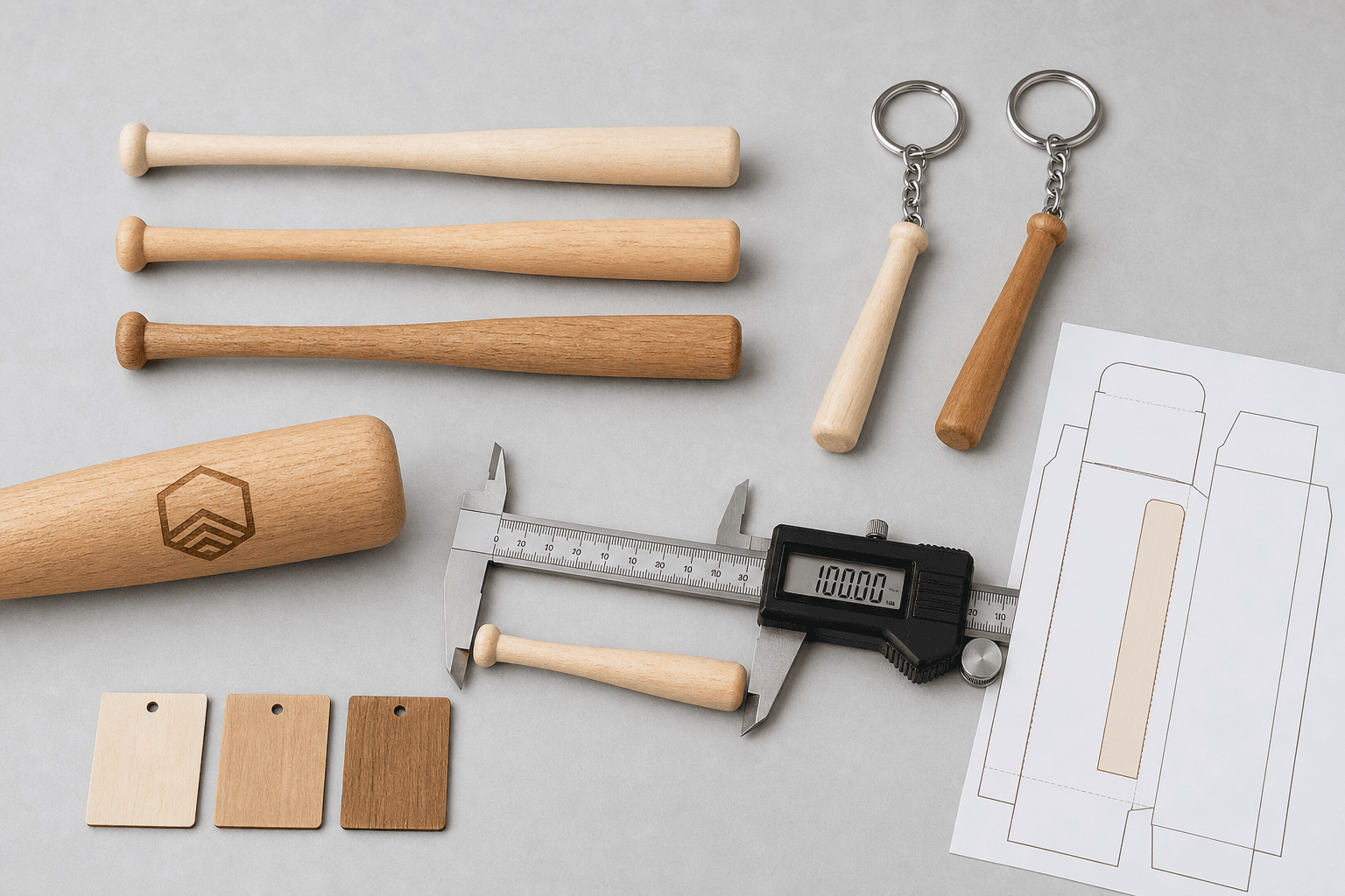 Custom Wooden Baseball Souvenir Sample Approval Board Illustrative sample approval flat lay for custom wooden baseball souvenirs with caliper and packaging dieline