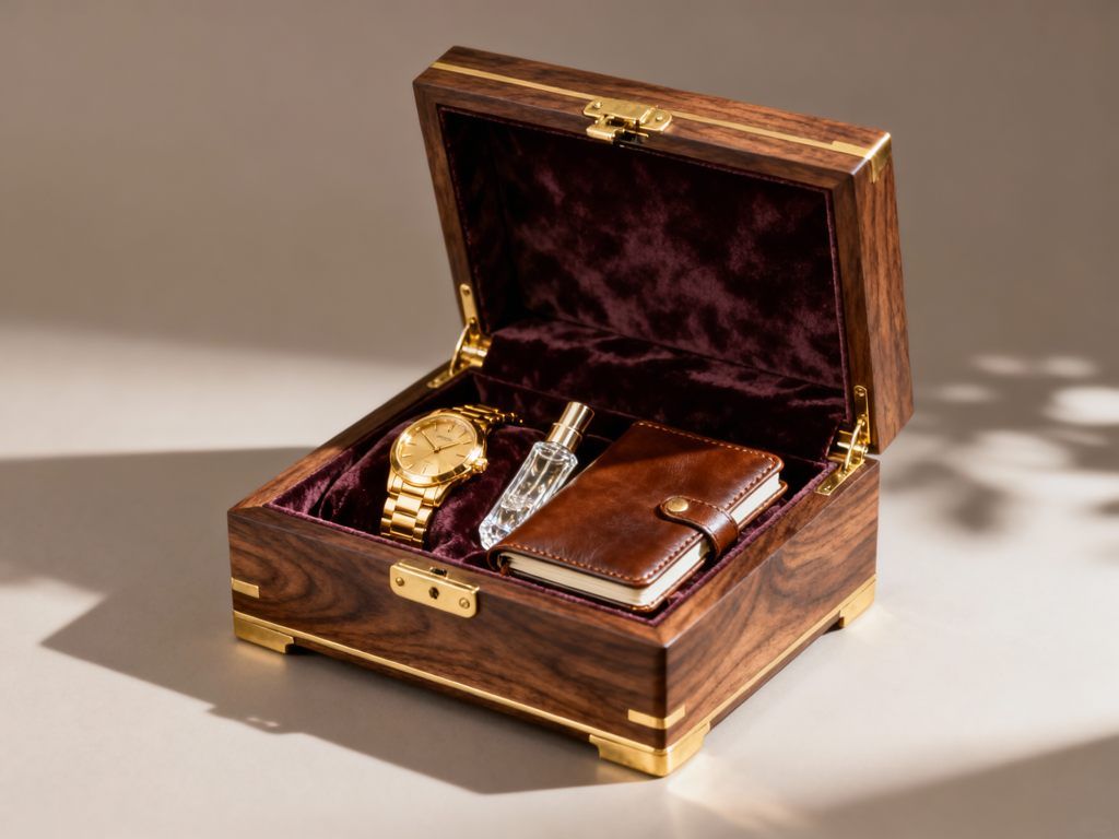Custom Wooden Gift Packaging Box for Brand Sets Open wooden gift packaging box with compartments for watch perfume and notebook