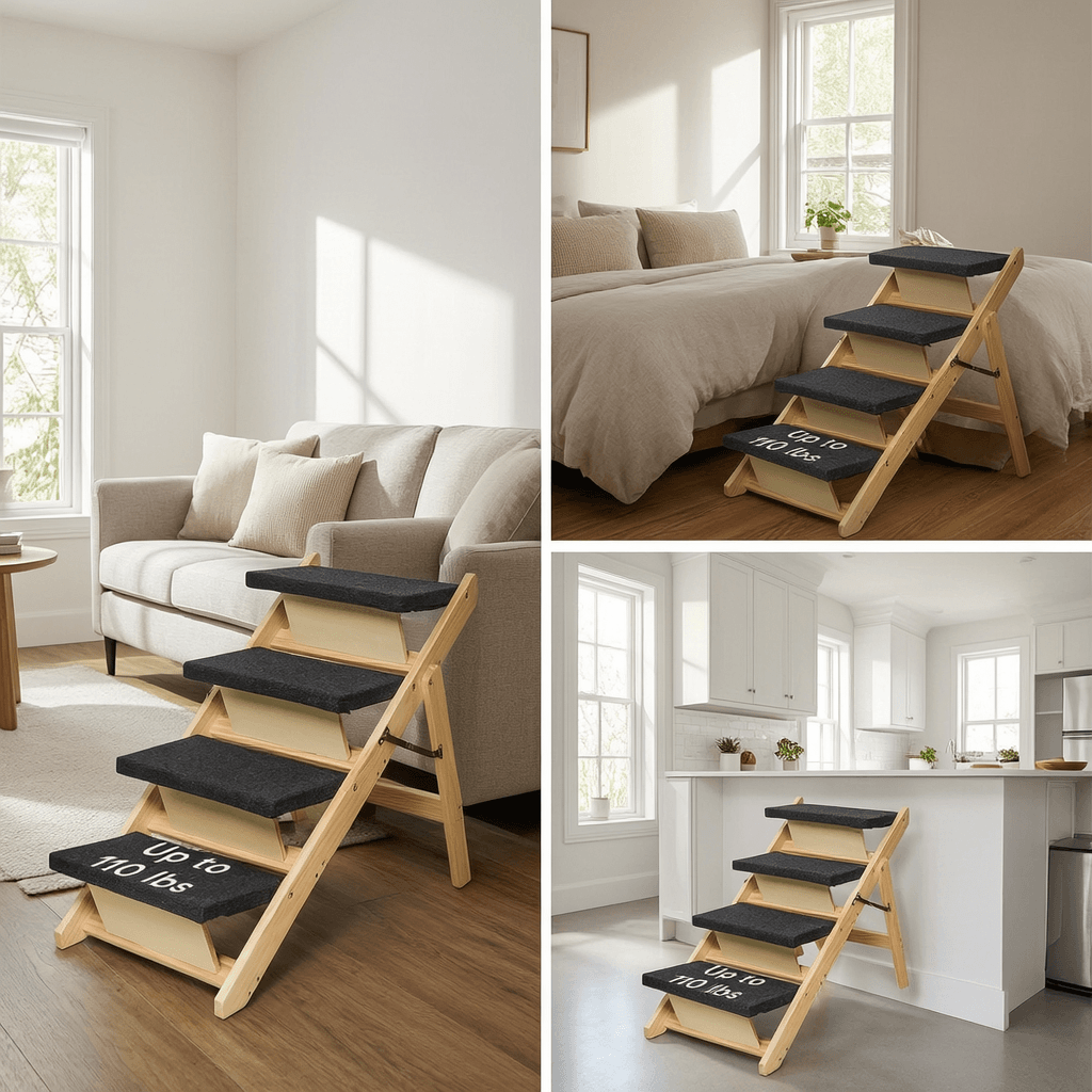 Four-step folding wooden pet stairs positioned beside beds, sofas and counters