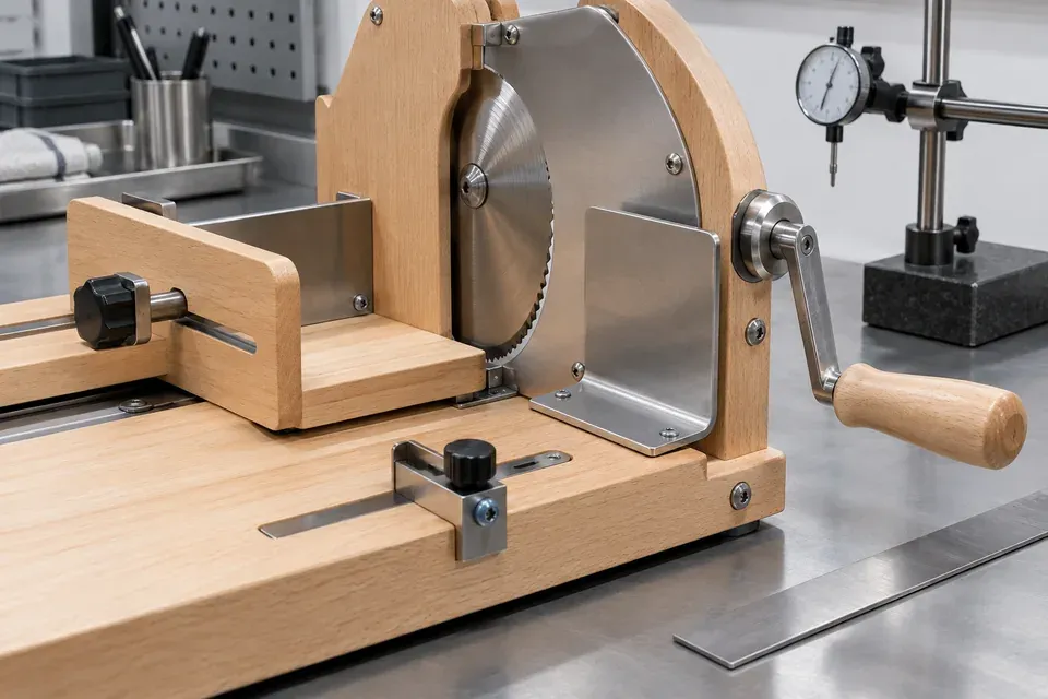 Hand-Crank Bread Slicer Mechanism Inspection Concept Concept inspection view of a hand-crank wooden bread slicer blade, guard, carriage, stop and crank