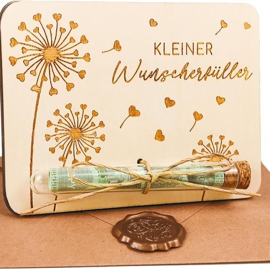 Laser Engraved Wooden Cash Gift Holder Detail Horizontal laser engraved wooden cash gift holder with tied glass tube and envelope