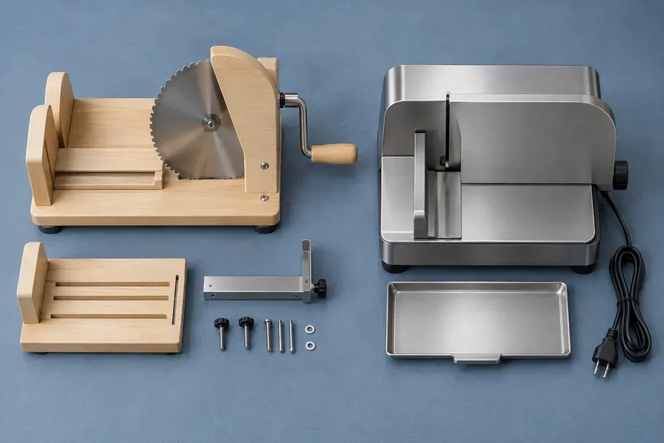 Wooden hand-crank bread slicer with carriage and fasteners beside an unbranded electric bread slicing machine with crumb tray and unplugged power cable
