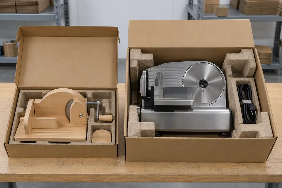 Wooden bread slicer in a kraft carton beside an unbranded bread slicing machine in a larger reinforced carton with molded-pulp protection