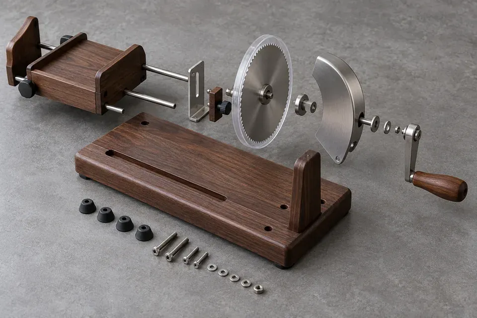 Exploded concept view of a manual wooden bread slicer base, carriage, blade, guard, crank, feet and hardware