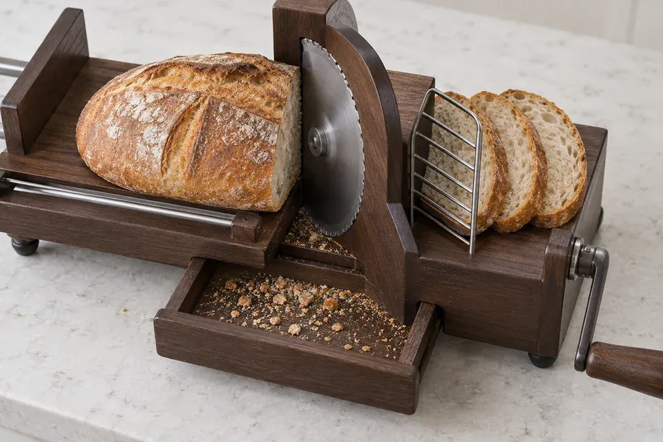 Concept view of bread moving through a manual wooden slicer with a slice guide and crumb tray