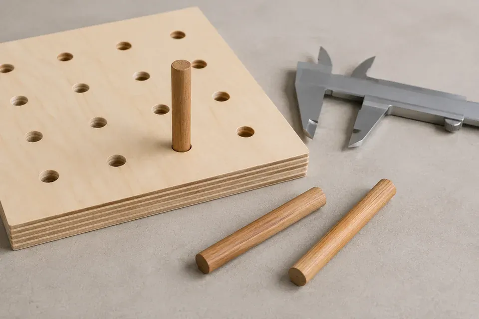 Concept illustration of a plywood pegboard sample, wooden dowels and an unmarked caliper