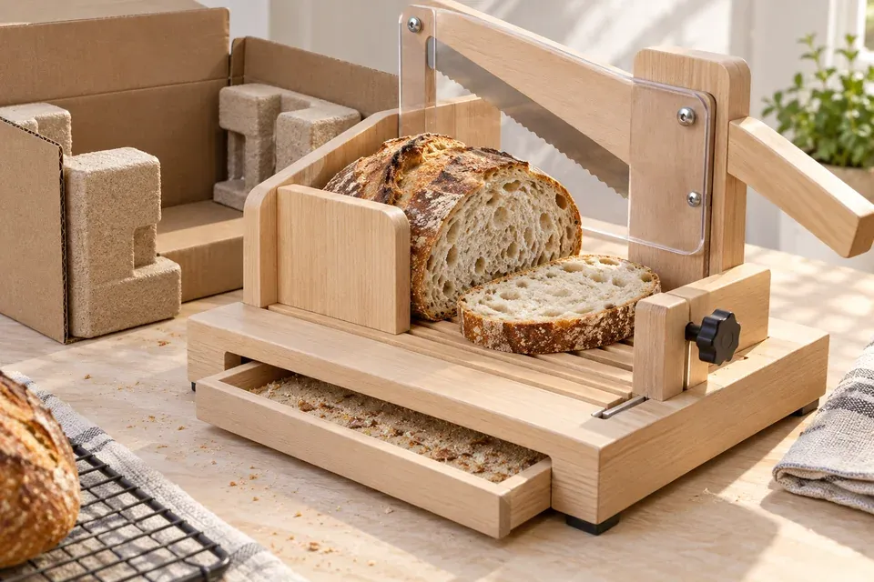 Sourdough Bread Slicer Sample QC and Packing Check Light wooden bread slicer with sourdough slice, protective blade guard, adjustable stop, crumb channel and carton corner inserts
