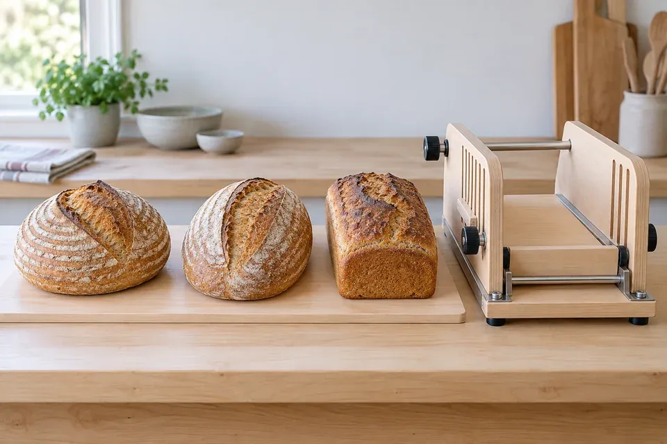 Sourdough Loaf Fit Test for a Wooden Bread Slicer Round, oval and pan-baked sourdough loaves arranged beside an adjustable light-wood bread slicer carriage