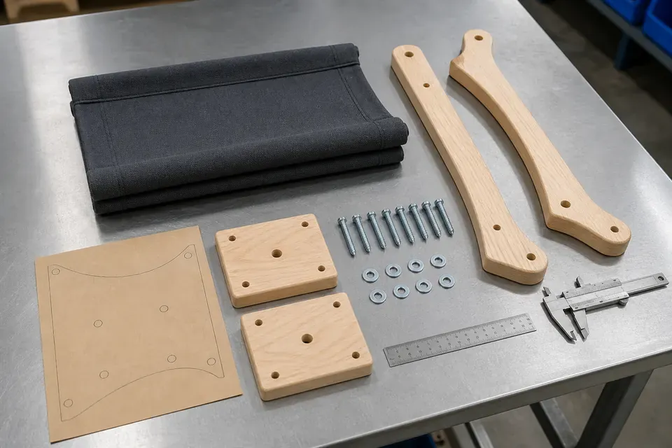 Wall-Mounted Cat Hammock Hardware Sample Wall-mounted wooden cat hammock components with fabric sling hardware and drilling template