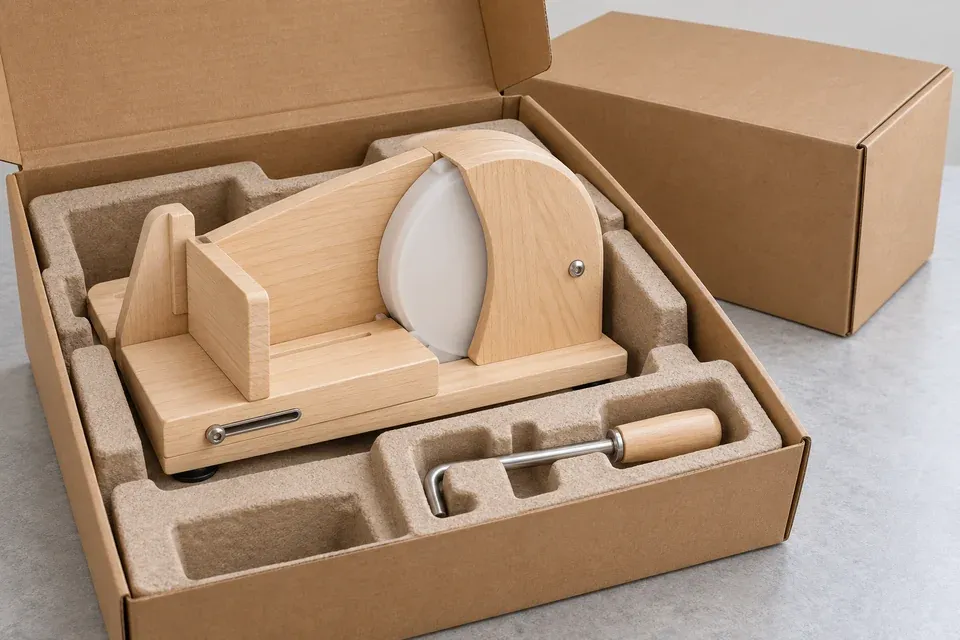 Pale wooden hand-crank bread slicer secured in molded-pulp inserts inside an open unbranded kraft retail carton with a separate protected crank compartment
