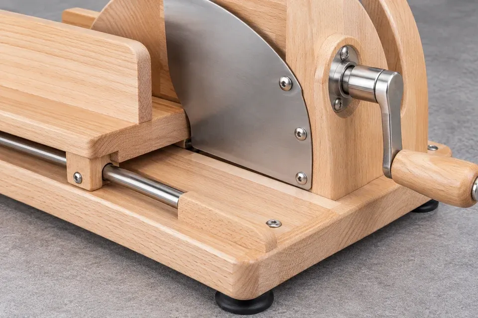 Close view of a pale wooden hand-crank bread slicer showing the smooth wood base, carriage rail, crank-shaft attachment, secure fasteners and rubber foot