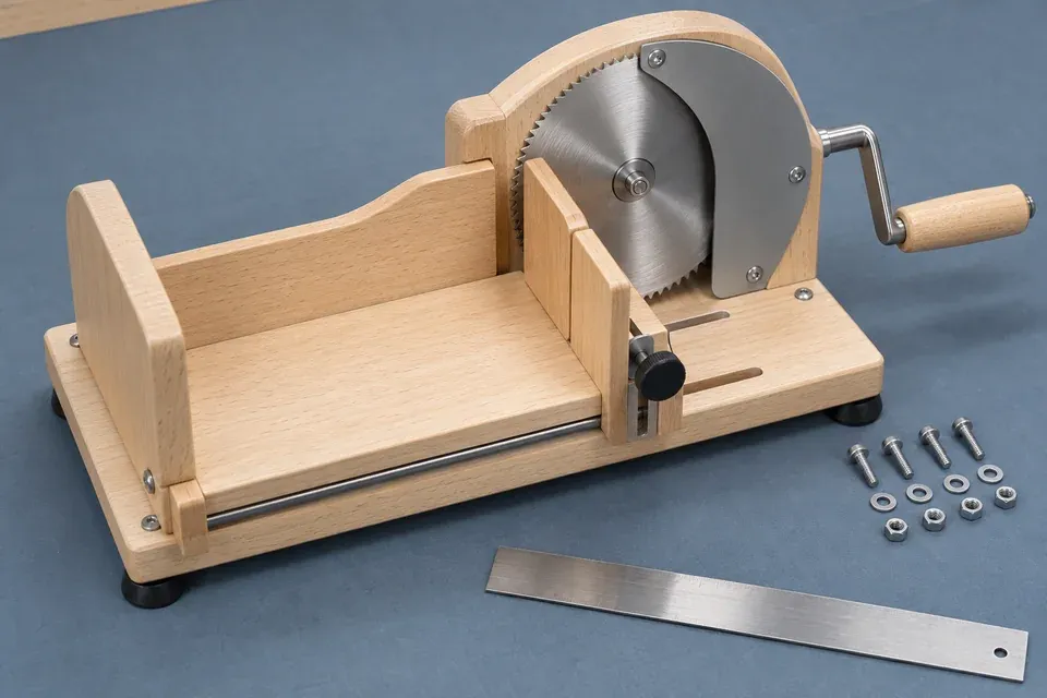 Pale wooden hand-crank bread slicer on an inspection bench with visible carriage, guarded blade, crank, guide and small hardware