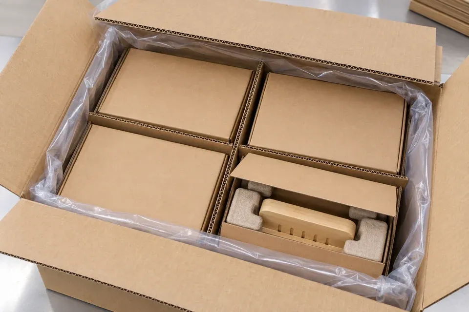 Open corrugated master carton with four separated plain retail boxes for wooden bread slicers, corrugated dividers, protective barrier layer and top pad