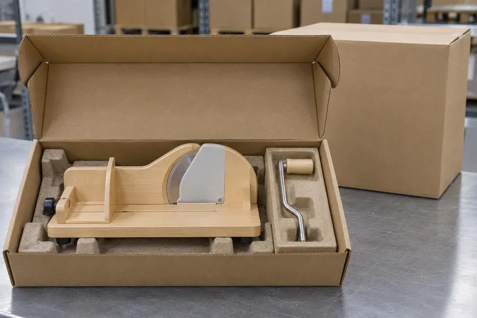 Pale wooden hand-crank bread slicer protected with a blade cover and molded-pulp inserts inside an open kraft retail box beside a master carton