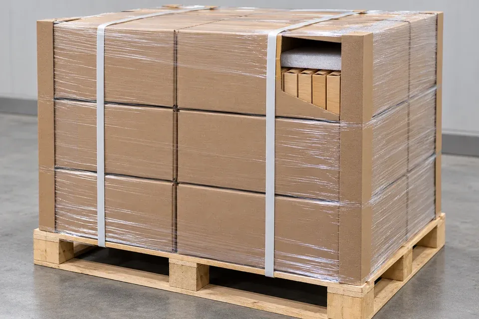 Plain corrugated master cartons for wooden bread slicers stacked on a pallet with corner boards, clear stretch film and two straps