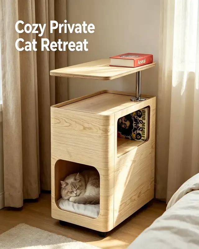Wooden Cat House Side Table Living Room Reference Wooden cat house side table with sleeping compartment and raised tabletop