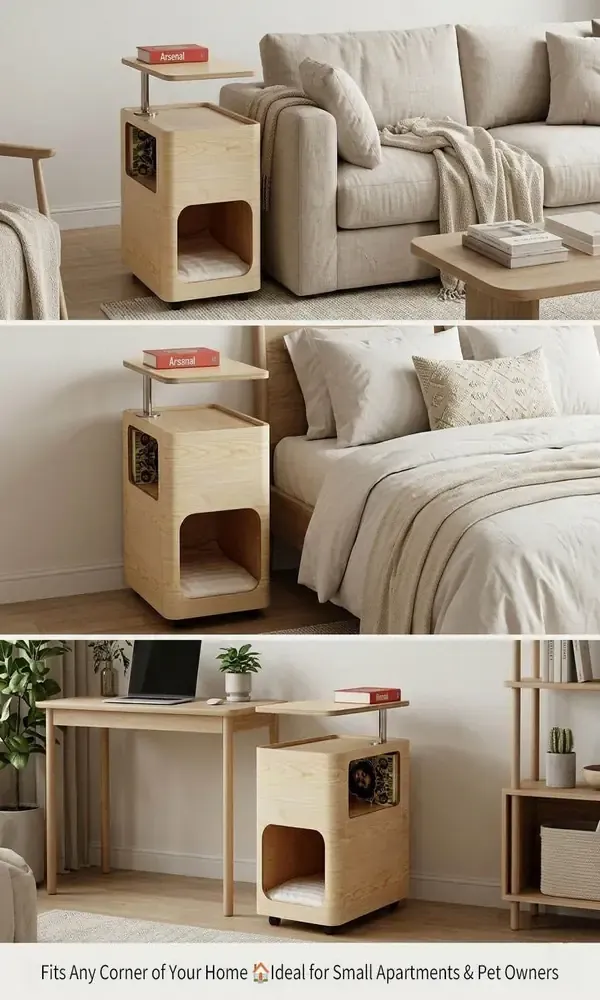 Wooden Cat House Side Table Room Placement Reference Wooden cat house side table shown beside sofa bed and desk