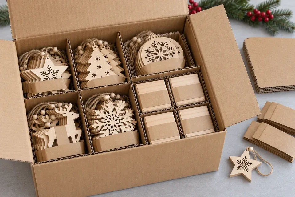 Mixed SKU Packing for Wooden Christmas Gifts Divided corrugated master carton holding kraft-banded wooden Christmas ornaments and small wooden gift boxes