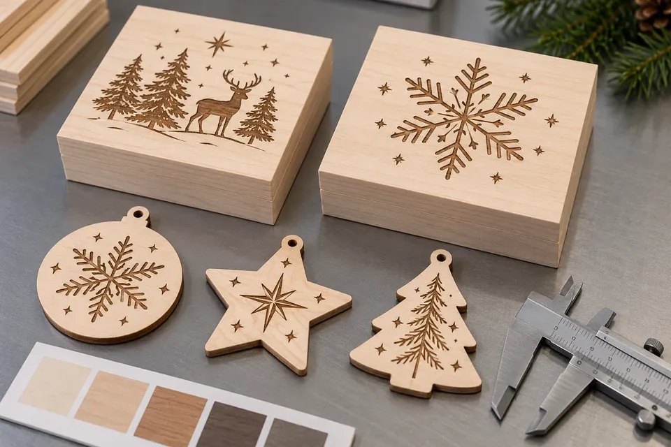 Sample Review for Custom Wooden Christmas Gifts Wooden Christmas ornament and gift-box samples with laser motifs, neutral colour swatches and a caliper for specification review