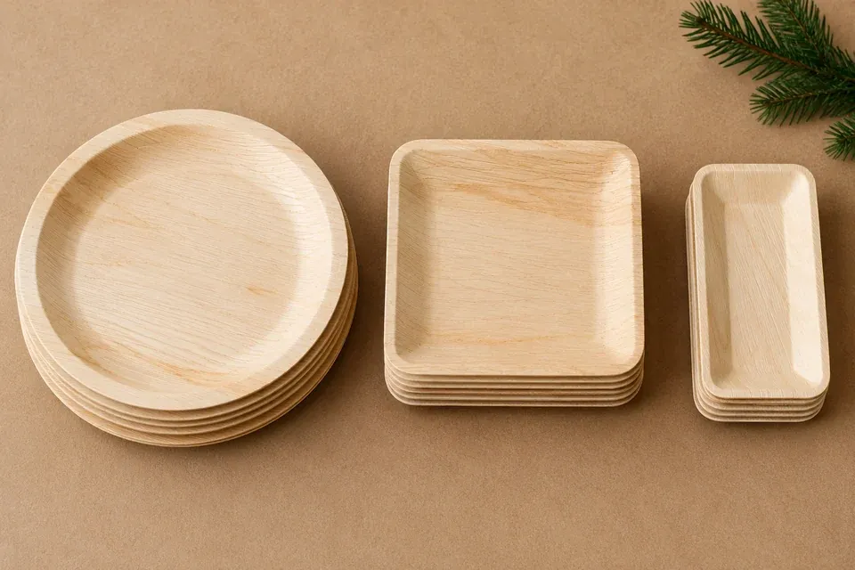 Wooden Plate Formats for Holiday Events Round, square and rectangular disposable wooden plate formats arranged for holiday event menu planning