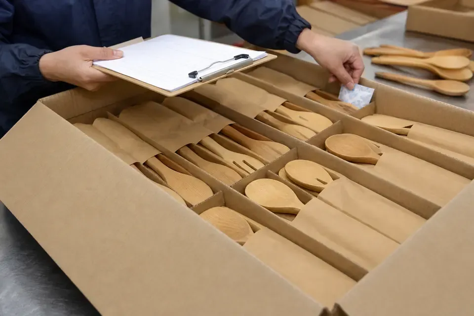 Wooden Kitchenware Export Packaging Inspection Wooden kitchen utensil sets inspected with paper sleeves and carton dividers