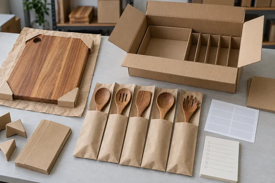 Concept packaging inspection with a wooden cutting board, five sleeved utensils, dividers, corner protectors and an open carton