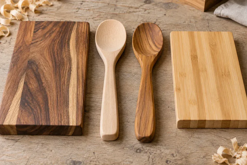 Concept display of a dark striped wooden board, pale and warm brown wooden spoons, and a bamboo strip board