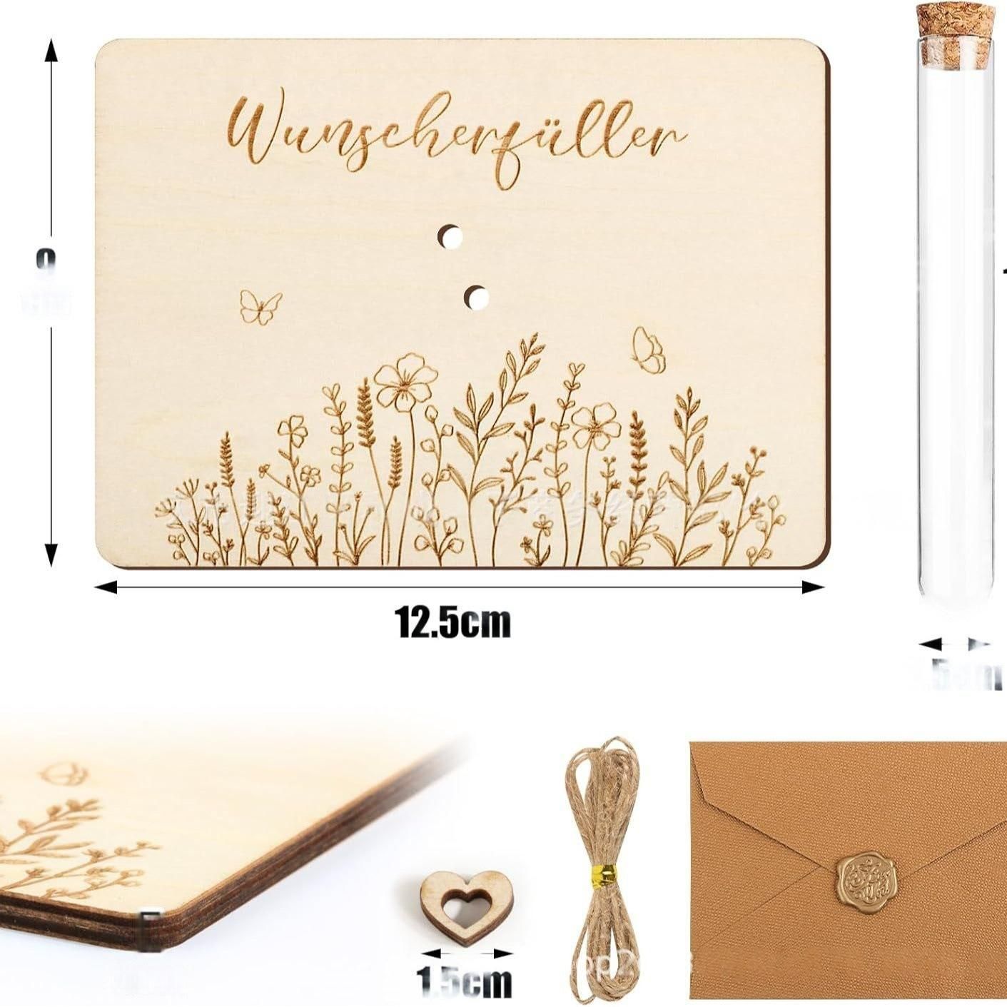 Wooden Money Holder Components and Size Reference Wooden money holder components with 12.5 centimeter width reference, tube, twine and envelope