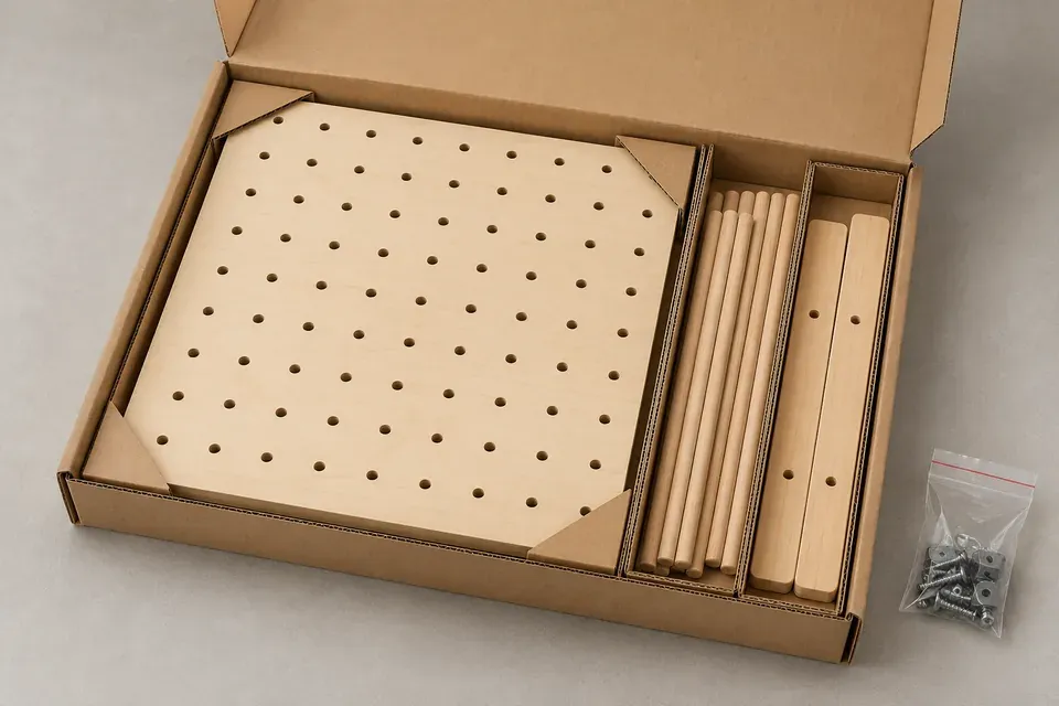 Concept illustration of a pegboard panel in a carton with corner protectors, separate wooden parts and a hardware bag beside it