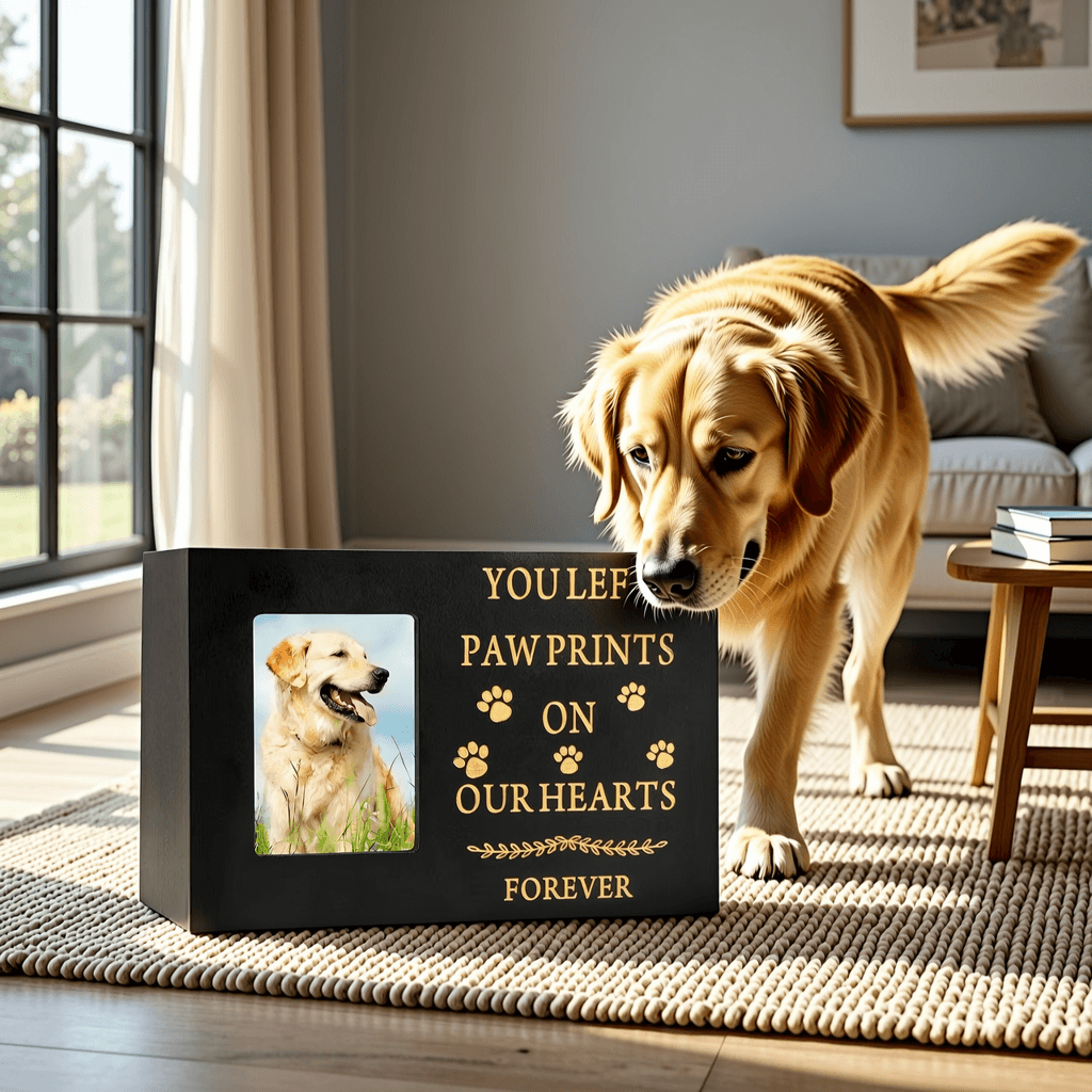 Front detail of wooden pet memorial box for custom logo and photo slot review