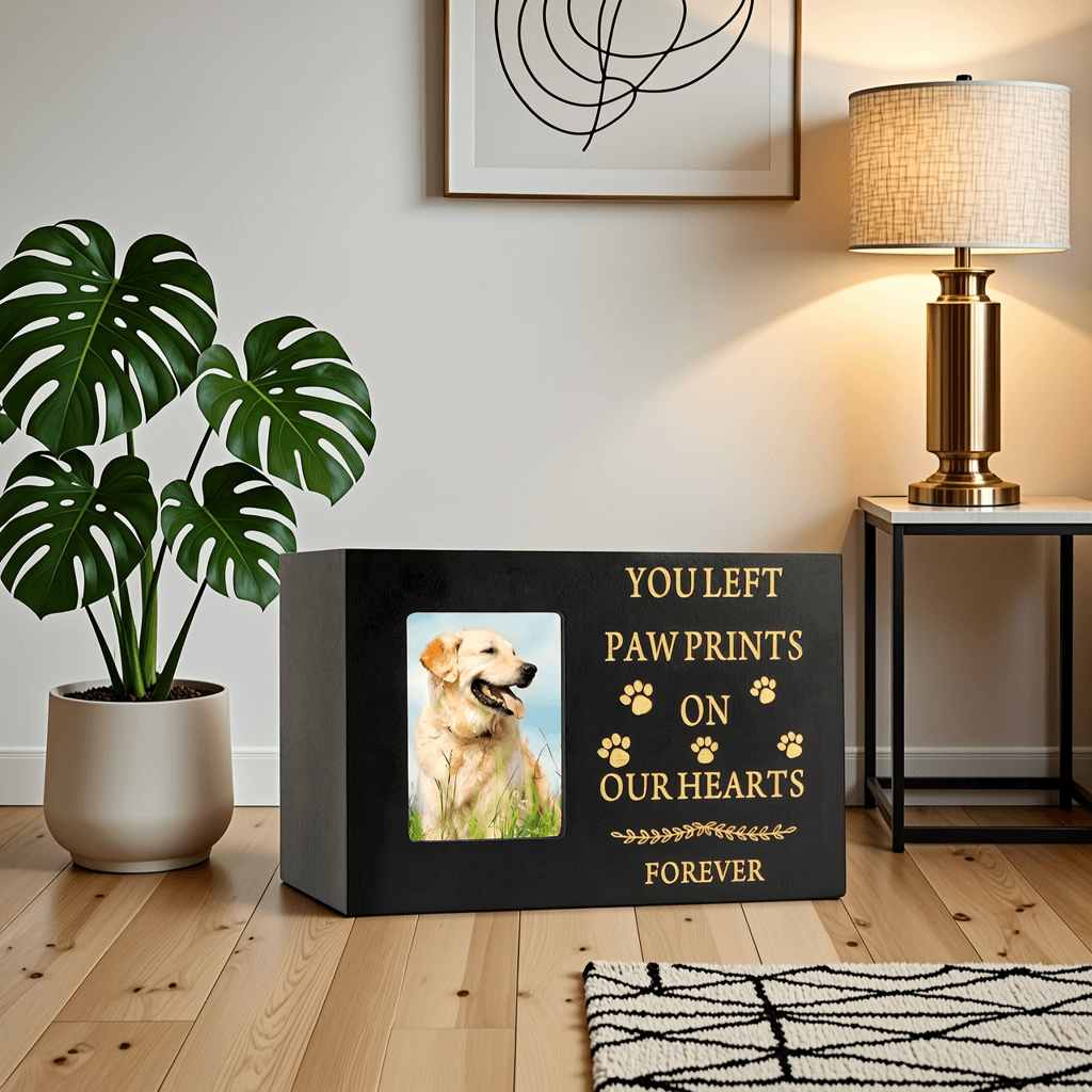 Side structure of wooden pet memorial box showing box depth and finish