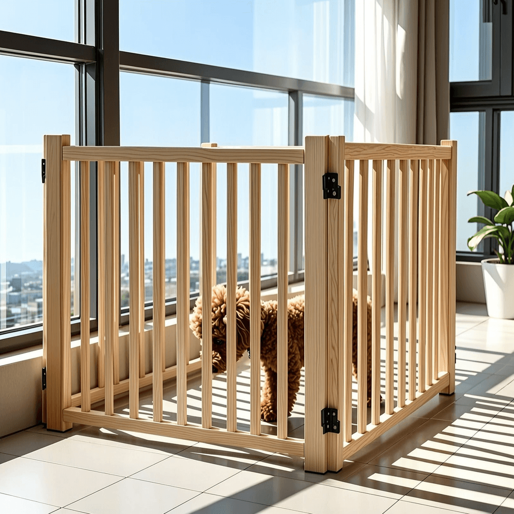 Indoor wooden pet playpen with dog and hinged panels