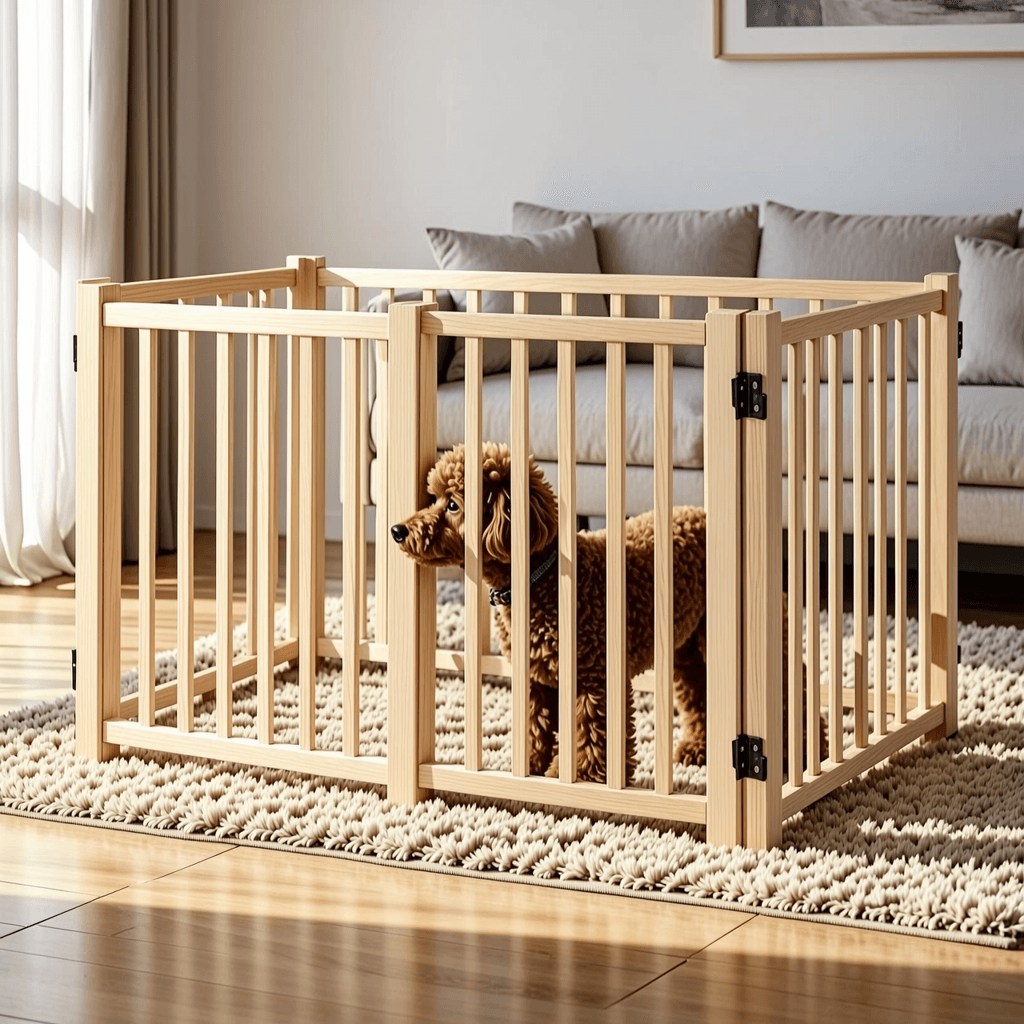 Wooden pet playpen in living room showing slats hinges and panel structure