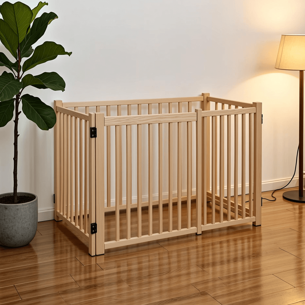 Wooden pet playpen panel detail showing vertical slats and black hinges