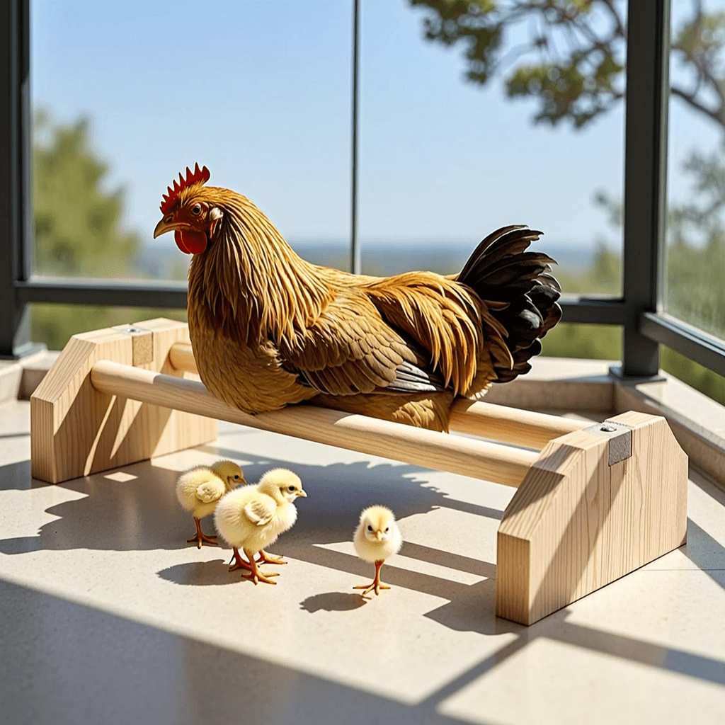 Wooden Poultry Perch Use Scene Hen and chicks using a round solid pine poultry perch in a bright sheltered setting