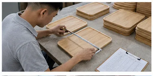 Wooden Salt Cellar Quality Control Measurement Factory worker measuring wooden kitchenware during quality control before bulk packing