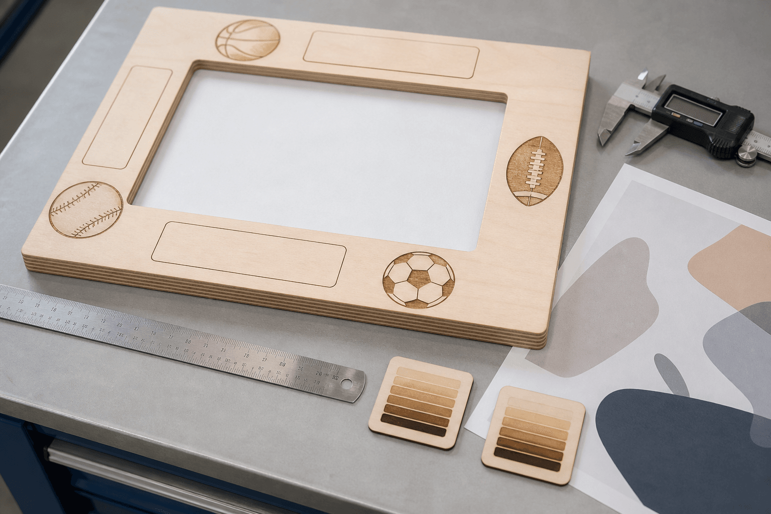 Wooden Sports Frame Logo Sample and QC Wooden sports photo frame sample with caliper ruler and laser engraving test swatches