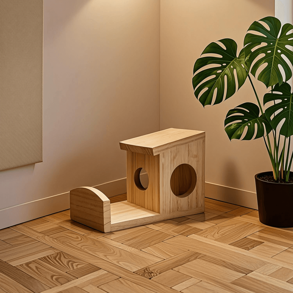 Wooden Squirrel Feeder Structure Detail Wooden squirrel feeder structure with roof, circular openings, front guard, and platform