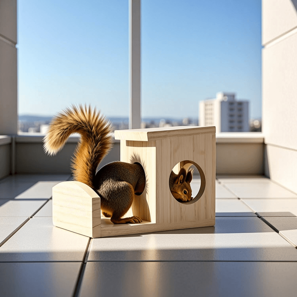 Wooden Squirrel Feeder in Outdoor Use Squirrel using a wooden feeder with circular access holes on an outdoor terrace