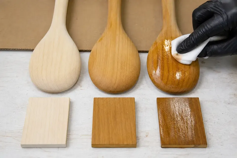 Wooden Utensil Finish Sample Comparison Wooden spoon finish samples compared during OEM kitchenware approval