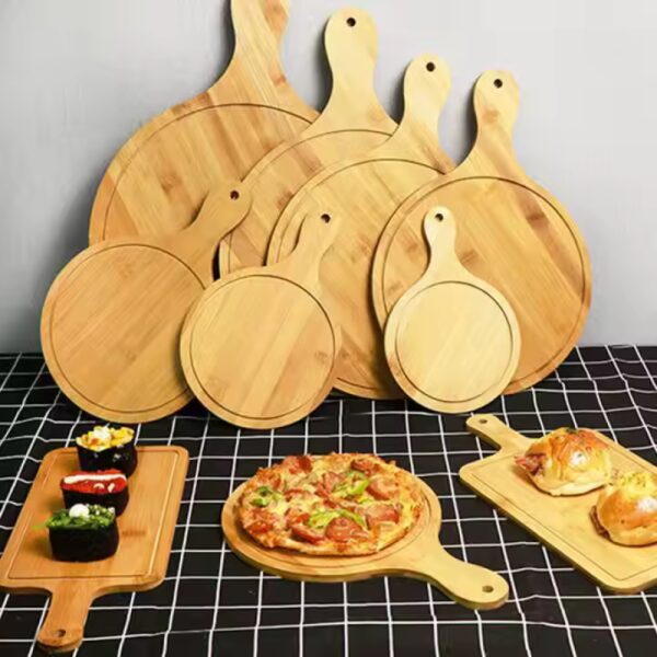 Hot Sale Eco-friendly Smooth Round Bamboo Pizza Board Professional 12inch Custom Pizza Plate With Handle